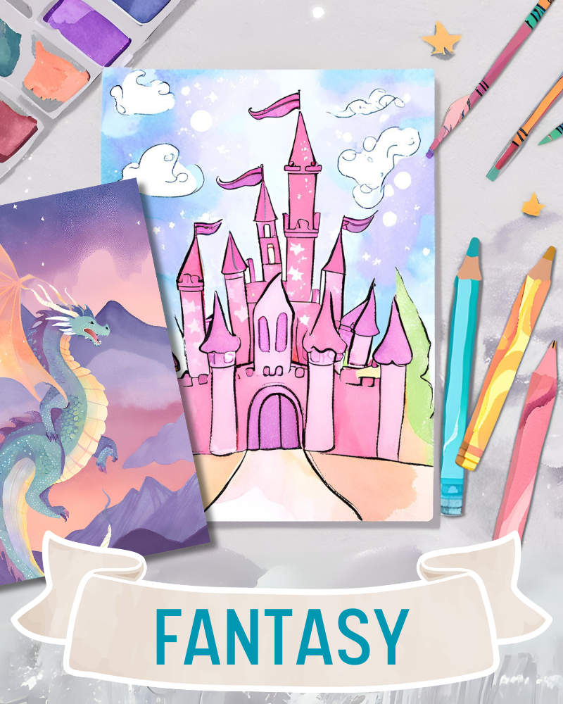 Fantasy coloring page of a castle and a dragon on a table surrounded with crayons