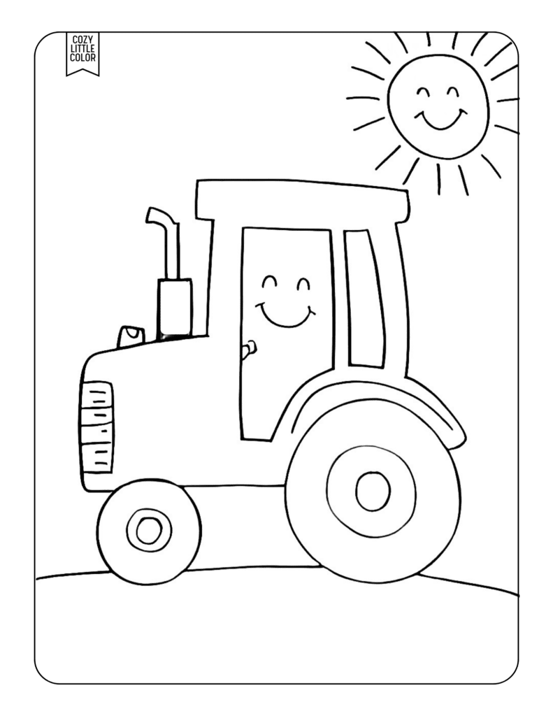 coloring page of a simple smiling tractor and sunshine