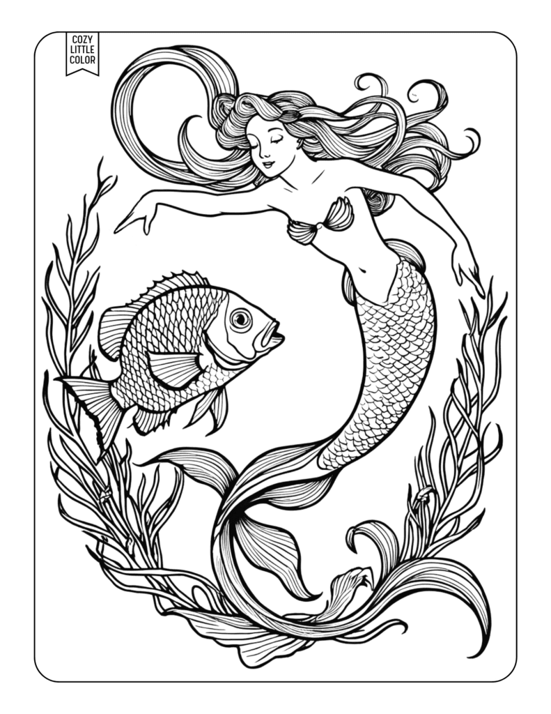 coloring page of a mermaid with a long unique tail and a fish