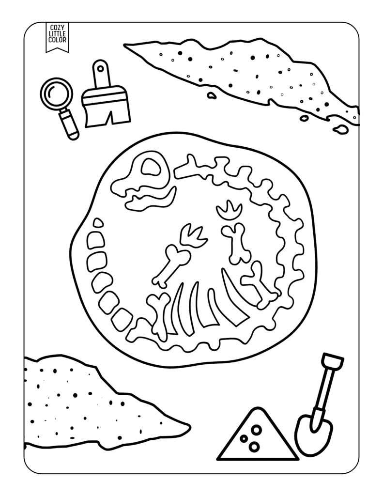 archeological tools and dinosaur fossil coloring page