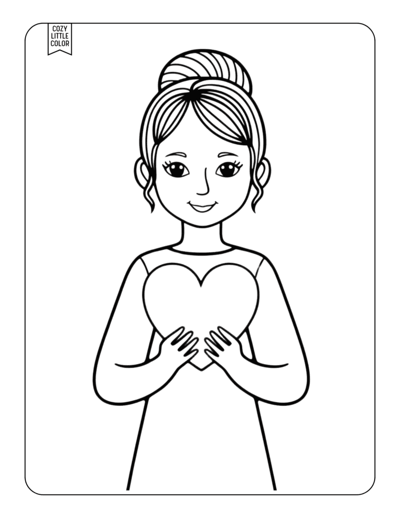 coloring page of a girl with a valentine