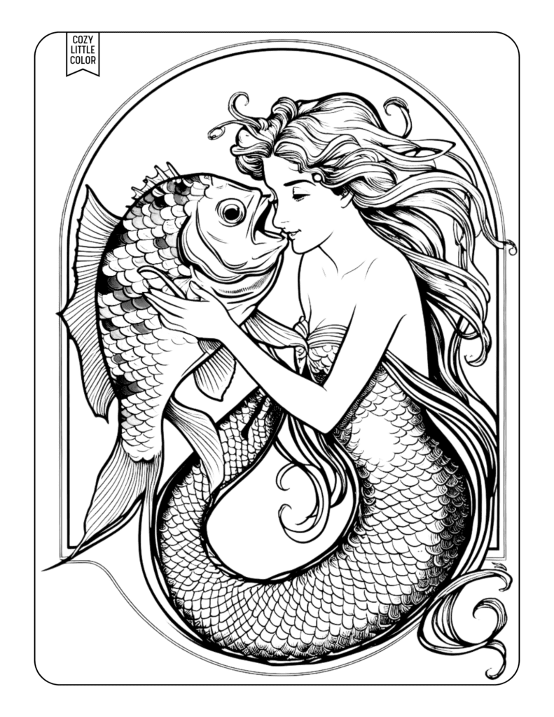 coloring page of a vintage modest mermaid with a big guppy fish