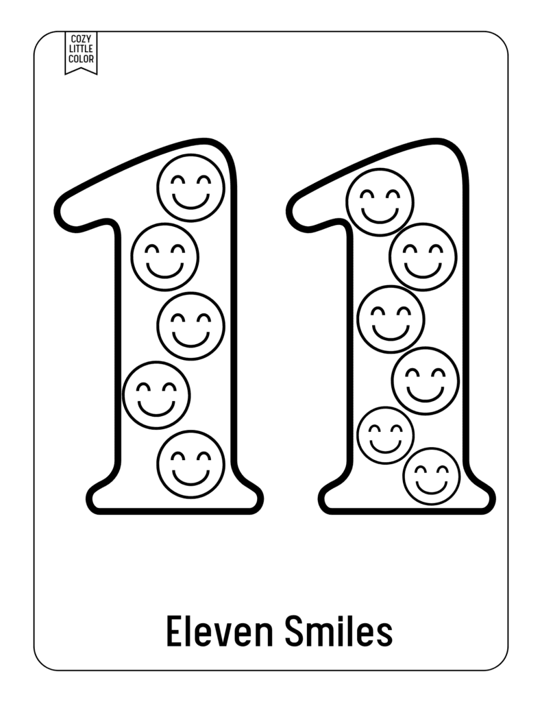 Coloring page of the number eleven with smiley faces 