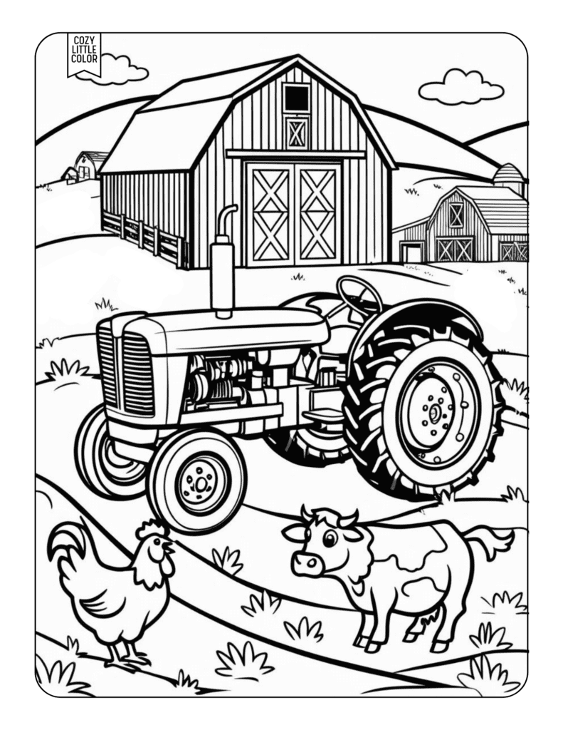 coloring page of  a farm scene with a barn, animals, and a tractor