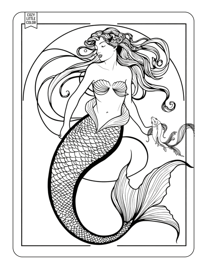 coloring page of a vintage mermaid printable