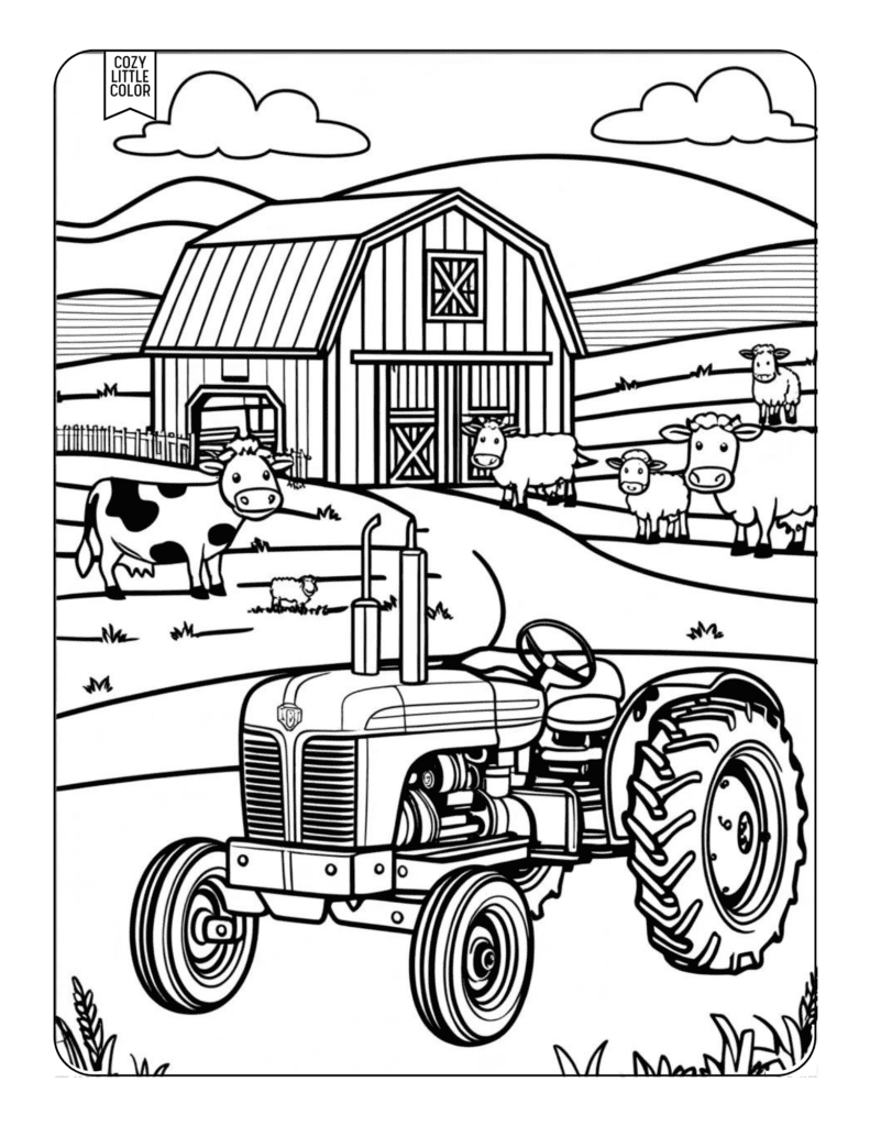 coloring page of a tractor by a barn with animals on a farm