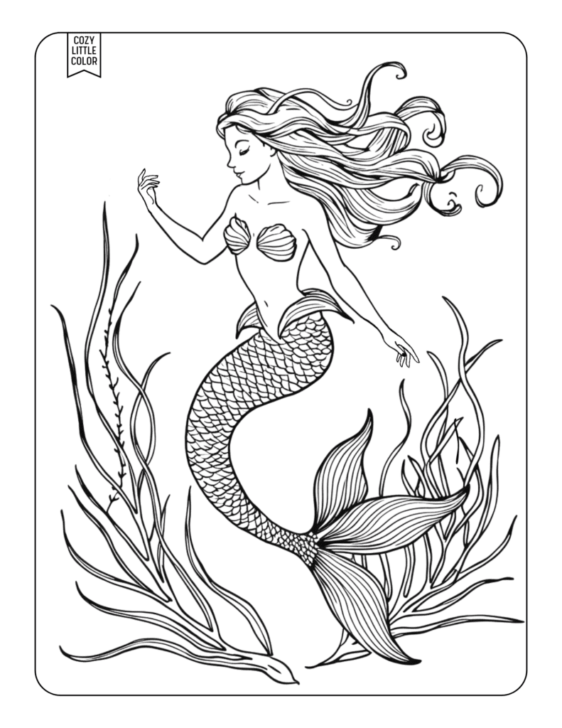 coloring page with a mermaid and finned mermaid tail