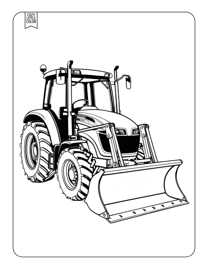 Coloring page of a tractor with a shovel bucket