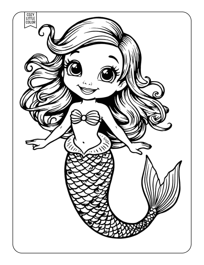 coloring page of a Cartoon anime mermaid with big eyes