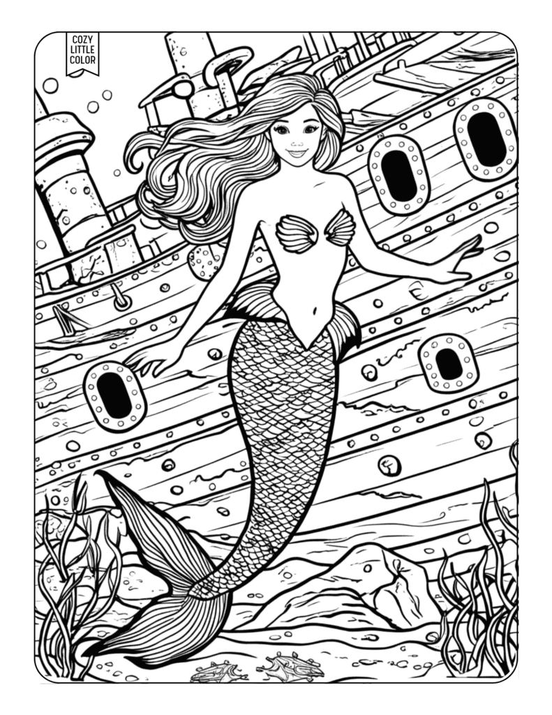 coloring page of a beautifulmermaid in the water with a ship wreck