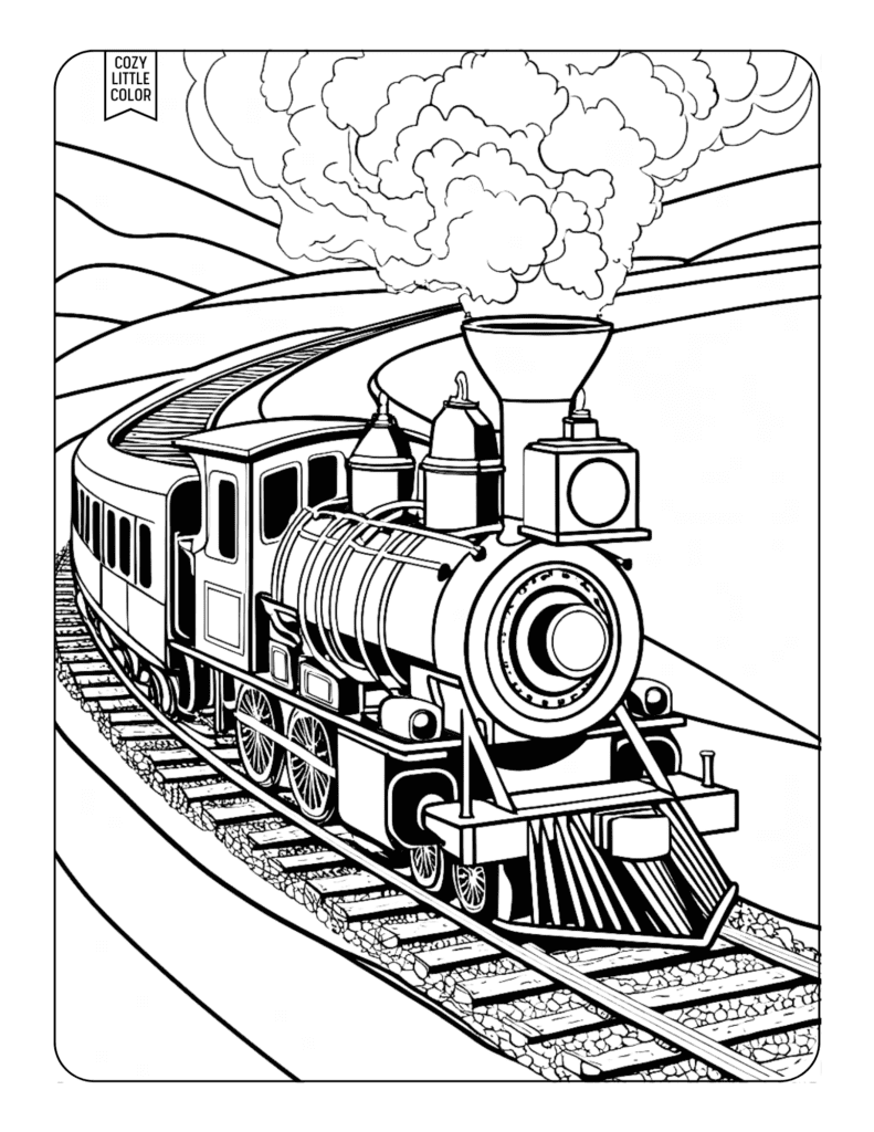 Realistic detailed train coloring page for adults