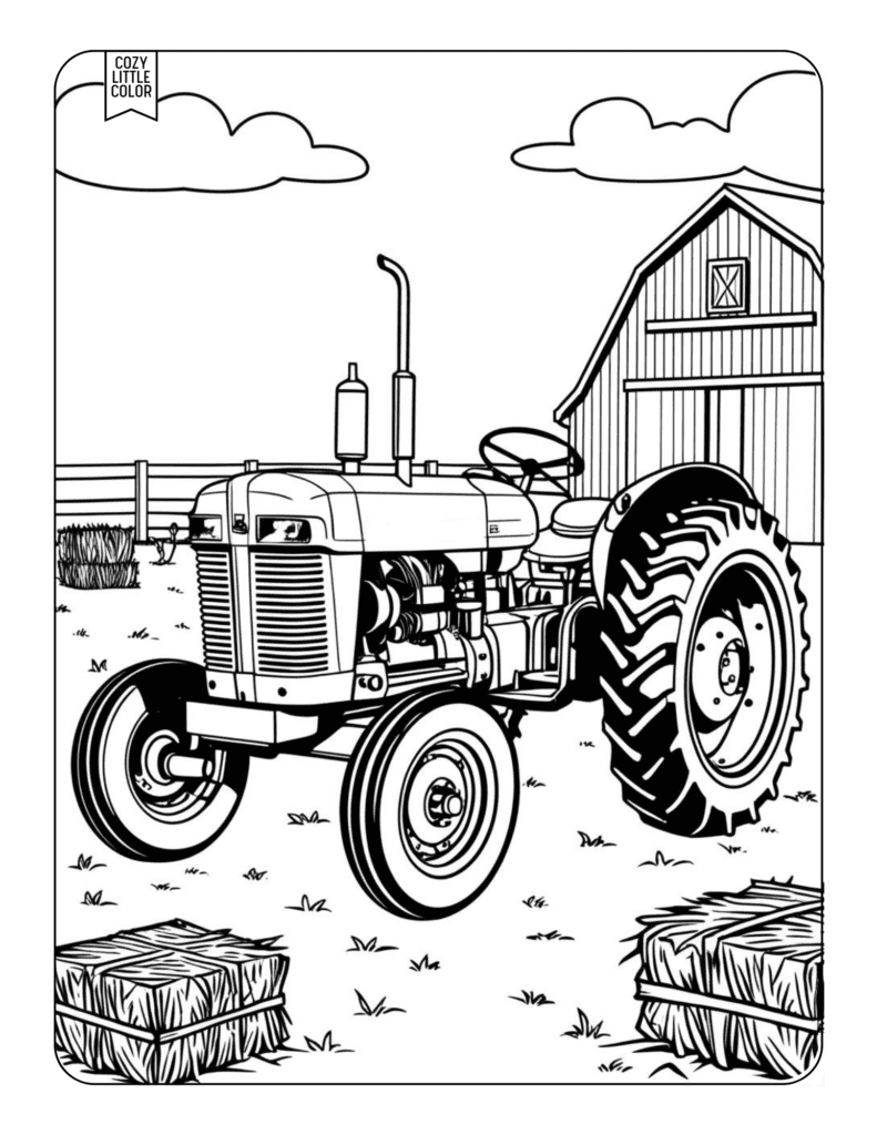 coloring page of an old fashioned tractor in front of a barn with hay bales and clouds in the sky