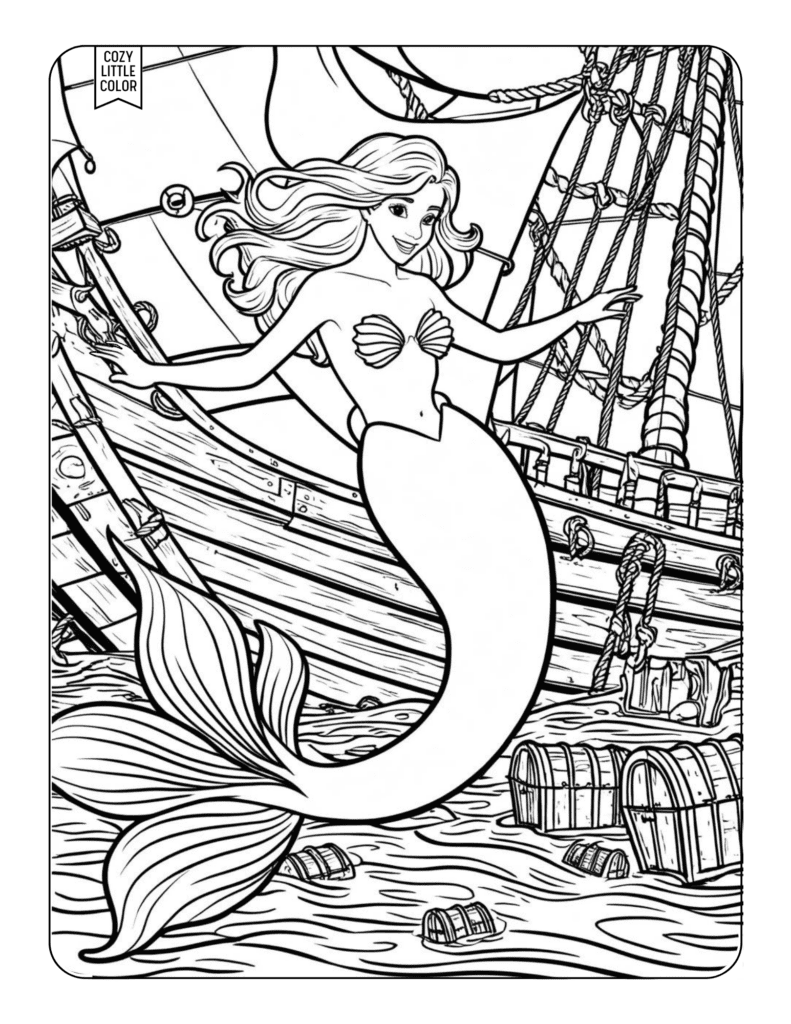 coloring page of a mermaid jumping out of the water and a shop wreck