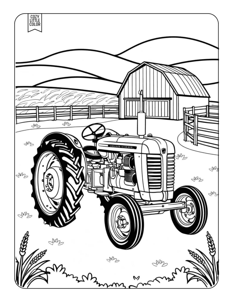 Tractor on a farm detailed coloring page