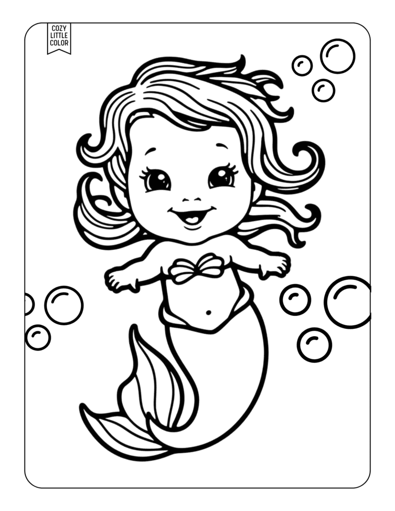 coloring page of a cute baby mermaid with bubbles