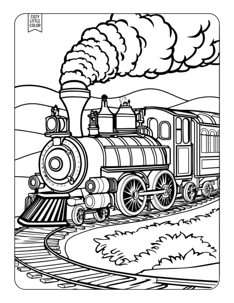 Train with steam coming down track coloring page