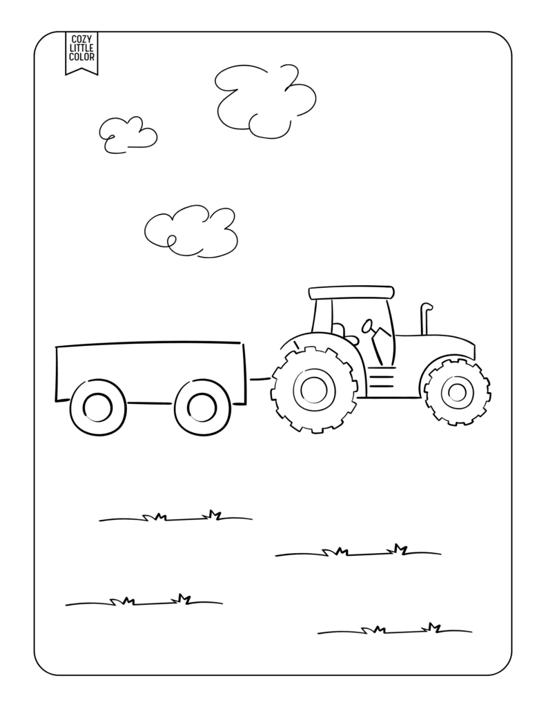 Cute coloring page with a doodled tractor, clouds, grass, and a trailer