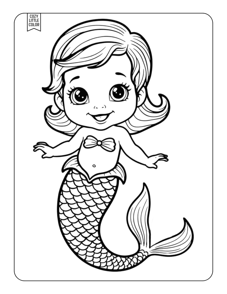 coloring page of a cute toddler mermaid smiling