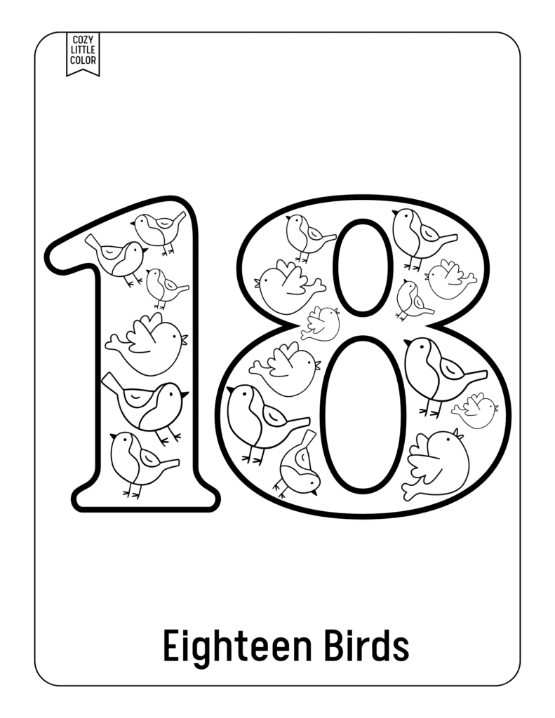 a black and white coloring page printable with the number 18 and birds