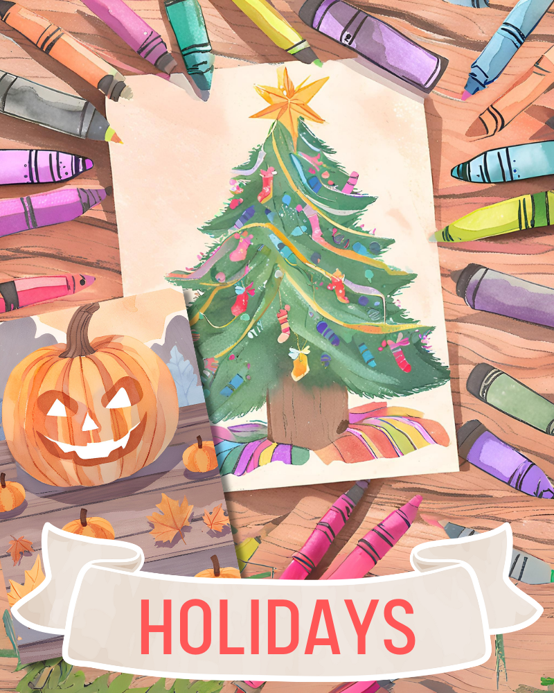 a Christmas tree coloring page and a jackolantern coloring page with the word holidays