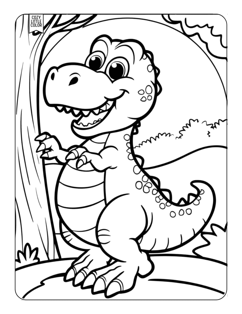 Silly funny happy smiling dinosaur coloring page