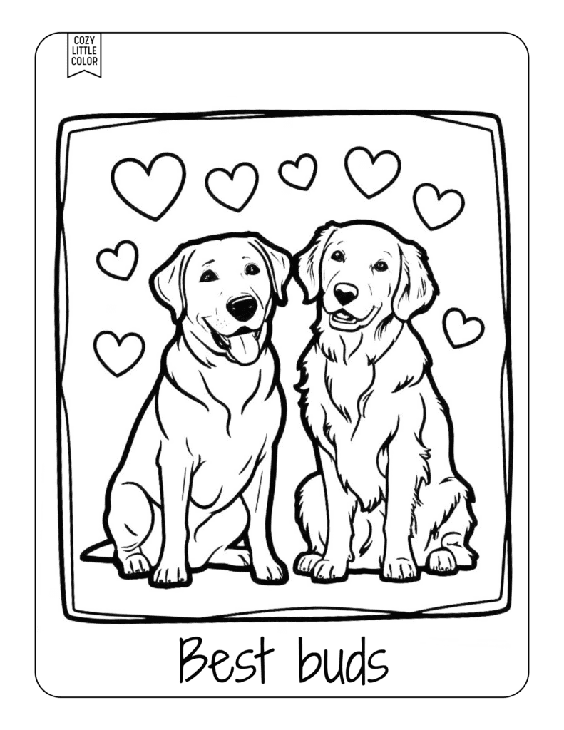 printable valentines day coloring card of dogs with hearts