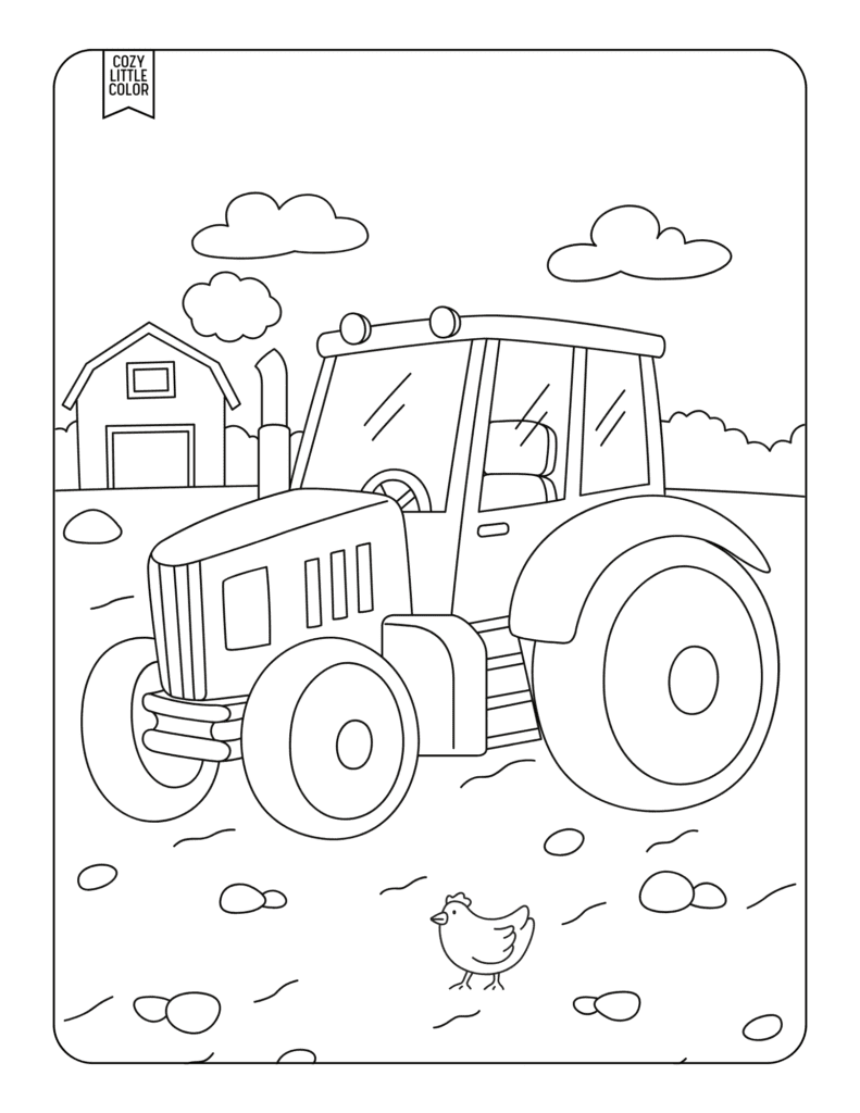 Easy toddler tractor coloring page with a barn and chicken