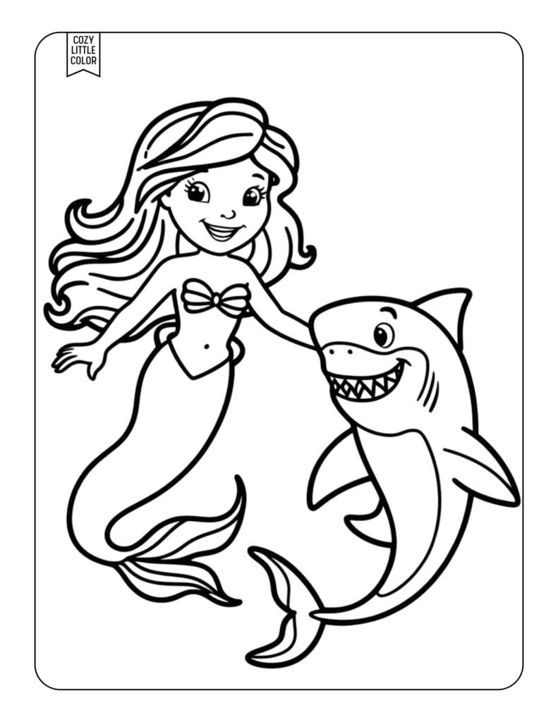 coloring page of a simple easy mermaid with shark