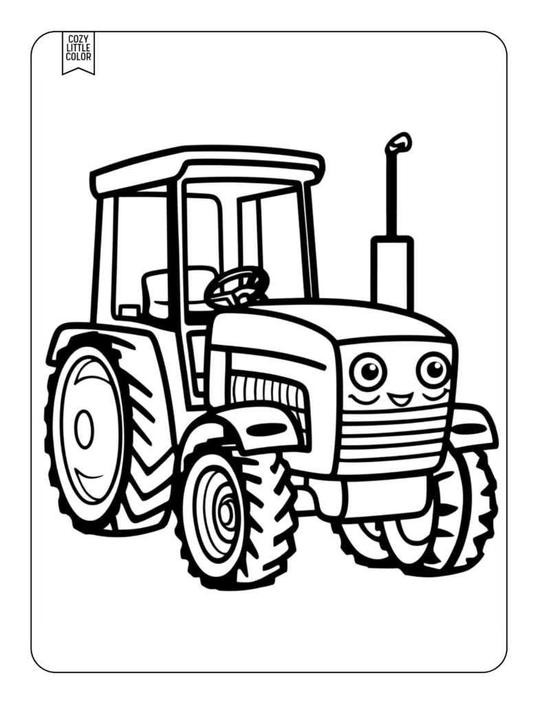 coloring page of a cartoon smiling tractor with a face