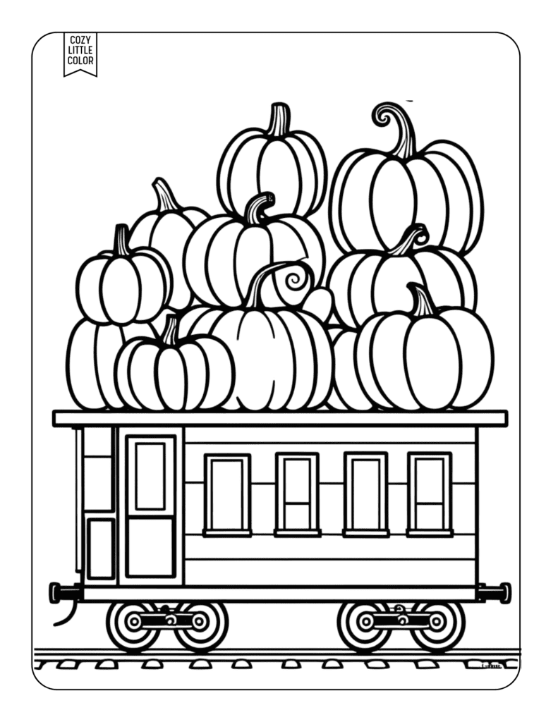 Pumpkins in a train car coloring page