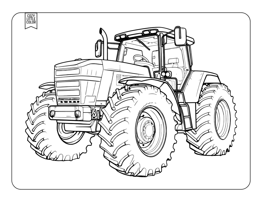 coloring page of a realistic farm tractor with huge wheels