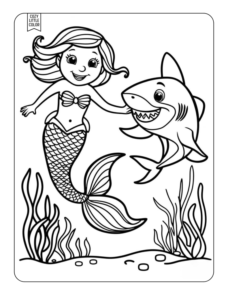 coloring page of easy simple mermaid with a friendly shark