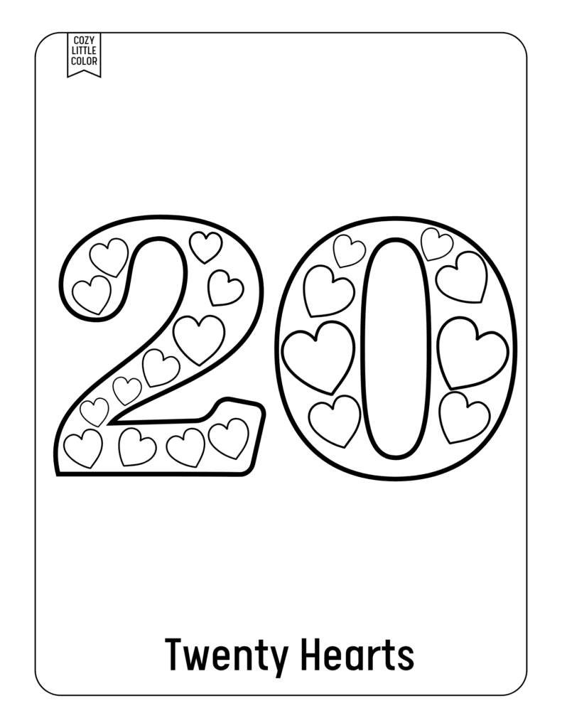 A printable coloring sheet of the number 20 for math