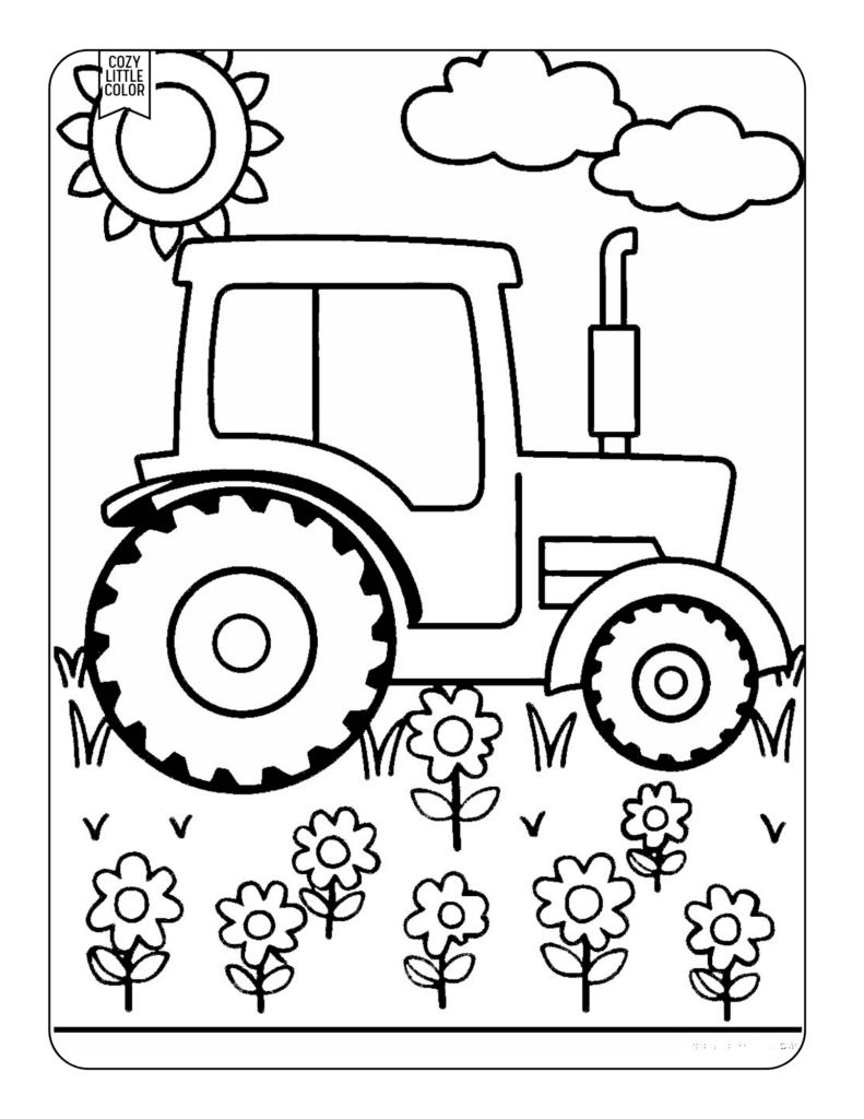 Cute Tractor scene for girls to color with flowers