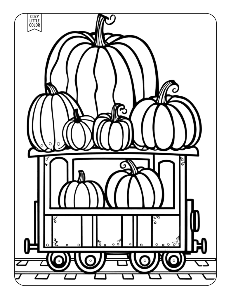 Cute Halloween pumpkins in autumn train coloring page