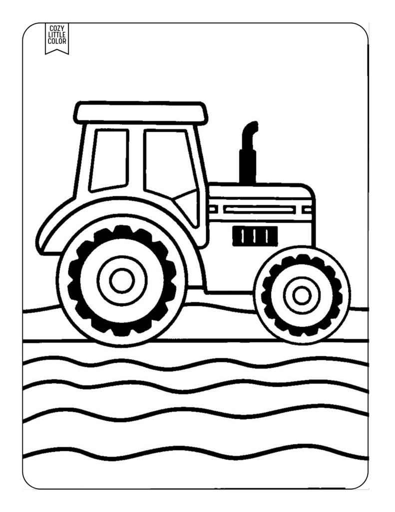 coloring page of a tractor on a field of dirt