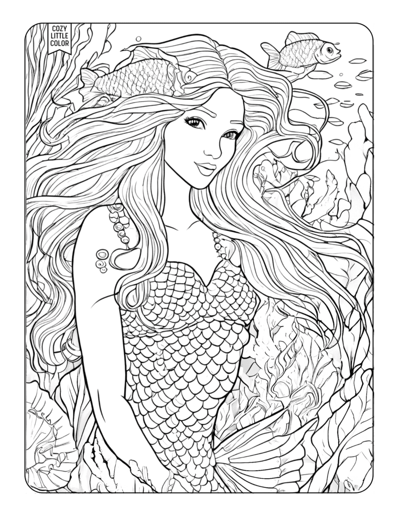 coloring page for adults of very detailed mermaid