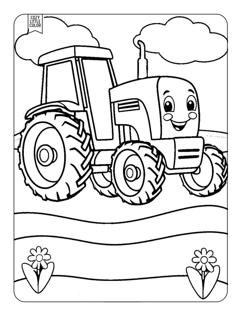 coloring page with a smiling cartoon tractor and flowers