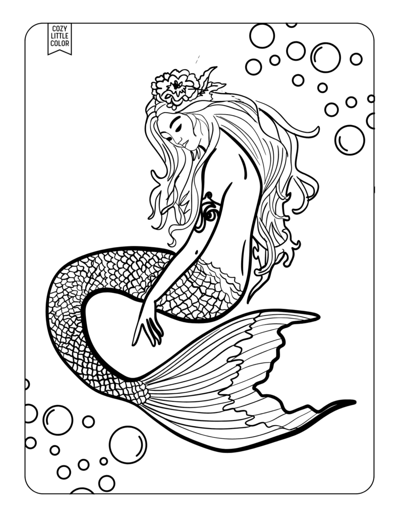 Coloring page of a mermaid siren with bubbles