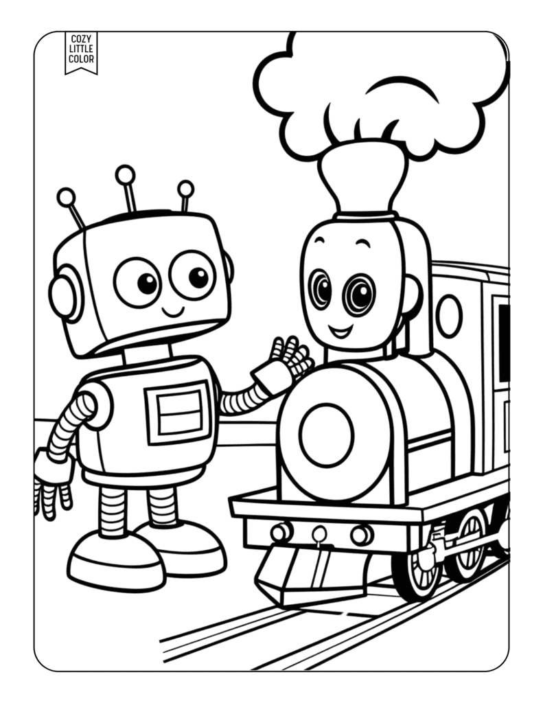 Train and a robot coloring page