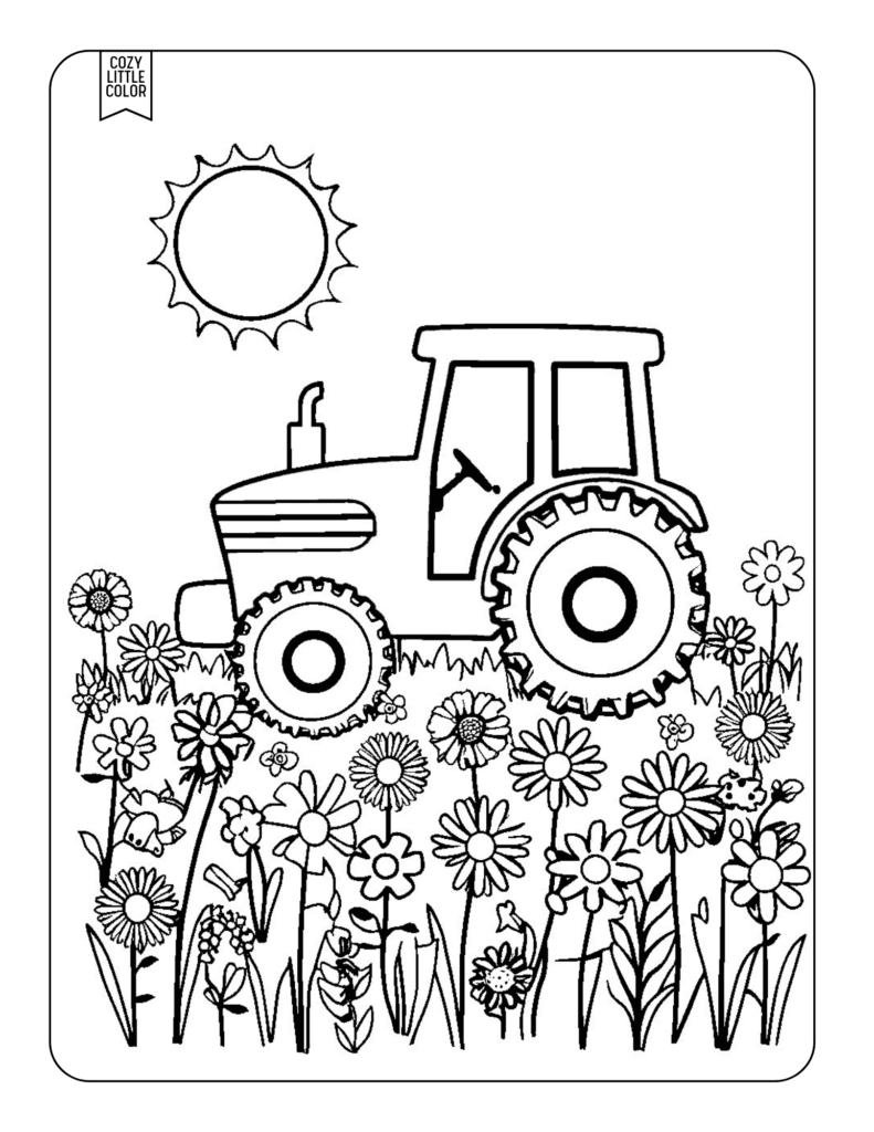 Coloring page of a simple cute tractor in a flower field with a sun shining