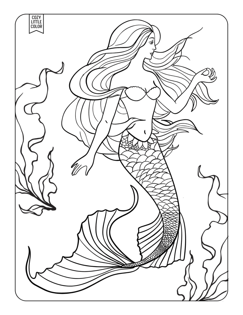 Coloring page of a realistic adult mermaid with tail fins