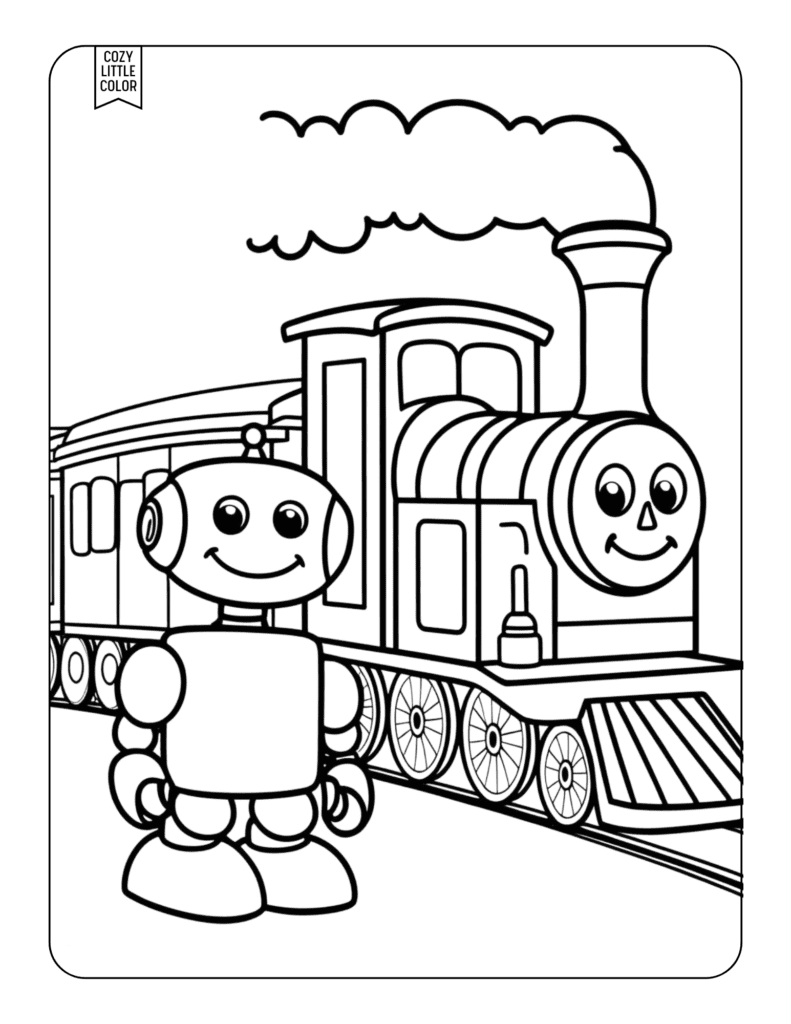 Cartoon robot and train with a face coloring page