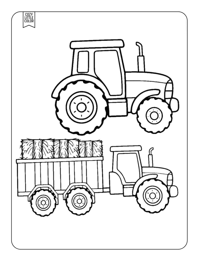 coloring page with tpy tractors and a trailer with hay bales