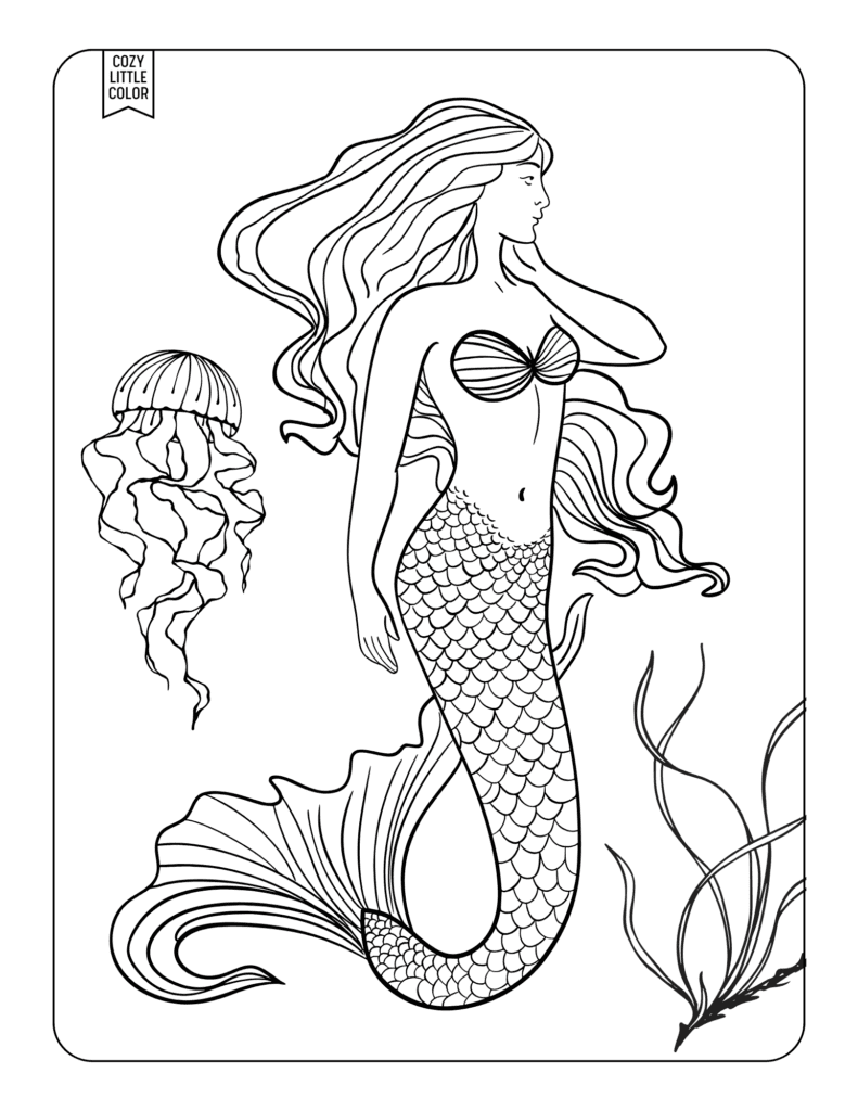 Coloring page of a realistic mermaid with long flowing hair