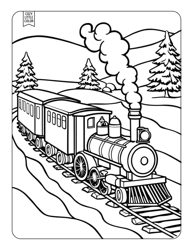 winter christmas train scene coloring page