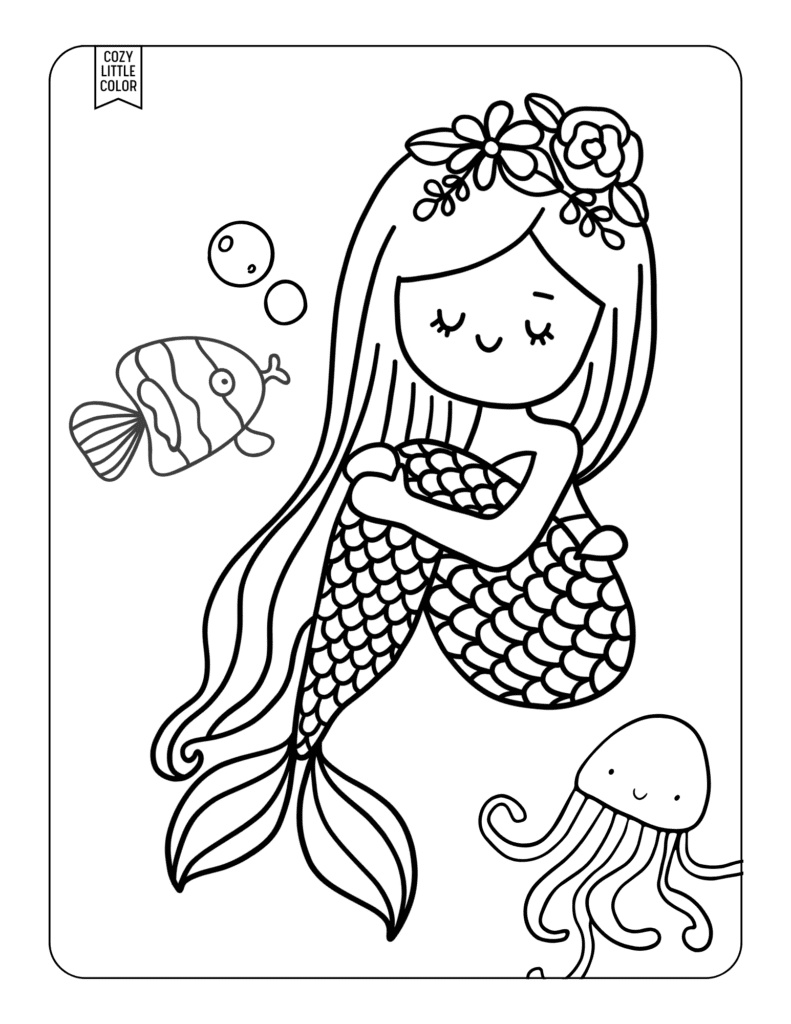 coloring page of a kawaii mermaid with a fish