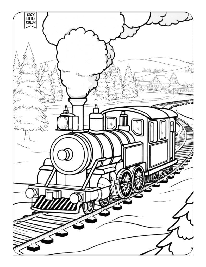 Christmas Train Scene Coloring Page with steam