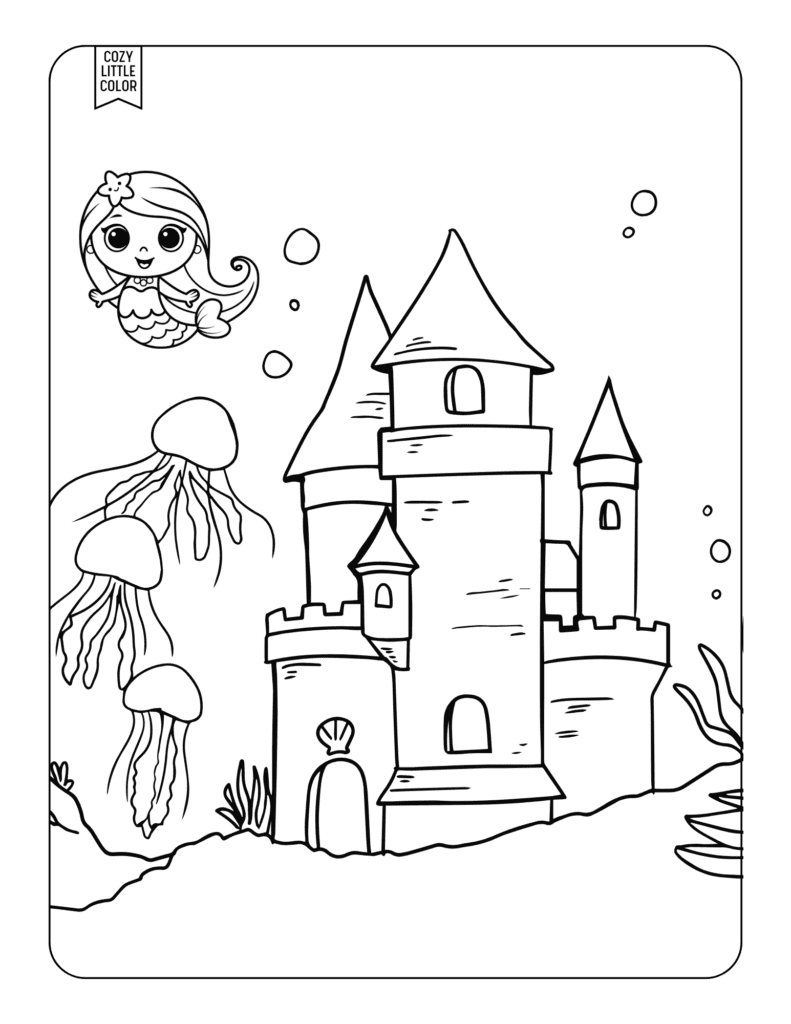 coloring page with a cute mermaid jellyfish and castle