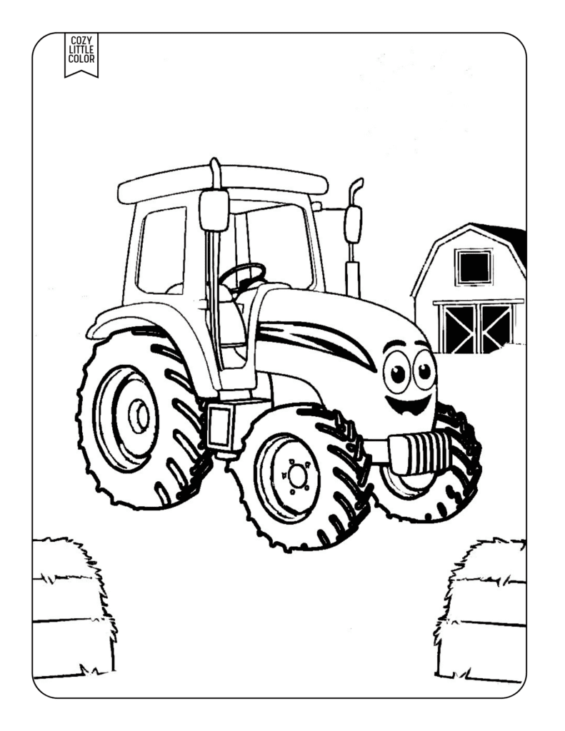 cartoon tractor with a face and a barn and hay bales coloring page